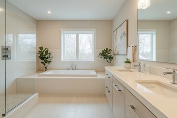 Serene Bathroom Oasis: A spacious and well-lit bathroom with a modern aesthetic, showcasing clean lines, a luxurious bathtub, and an atmosphere of tranquility.