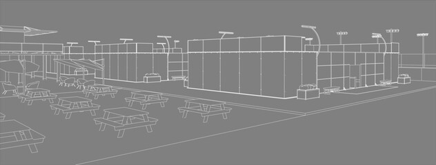 Isometric line drawing of a modern padel court complex in a minimalist architectural style