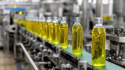 Bottles of fresh olive oil moving along the production line in a factory.