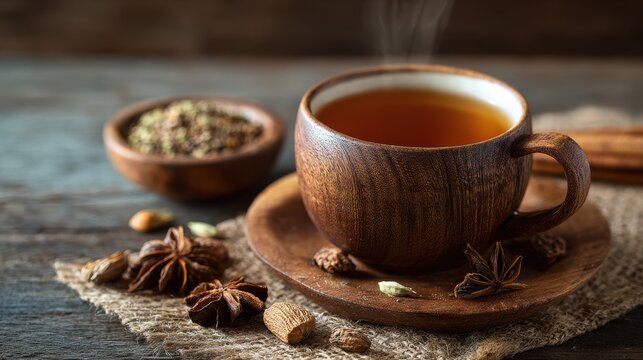 Aromatic tea with spices in a wooden cup on a rustic wooden table.