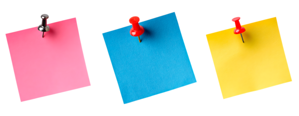 Colorful sticky notes with push pins on transparent background