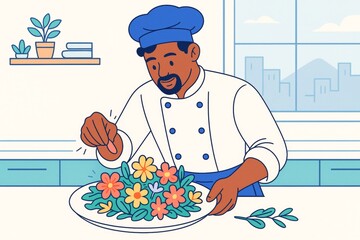 Chef preparing colorful floral salad in modern kitchen with light background and indoor plants, symbolizing creativity and healthy food concept. Ai generative