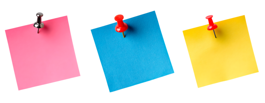 Colorful sticky notes with push pins on transparent background