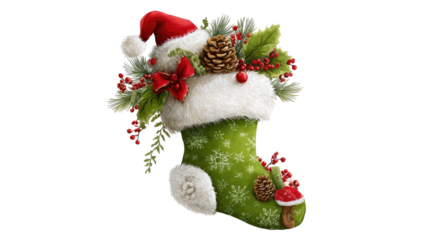 Christmas stocking illustration in green with white fur trim and decorative pattern perfect for festive holiday design isolated on white background