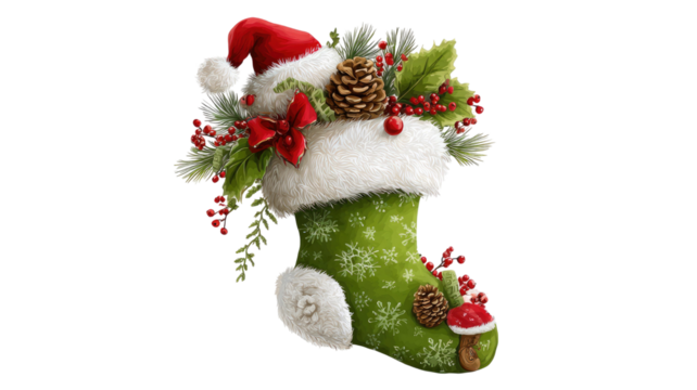 Christmas stocking illustration in green with white fur trim and decorative pattern perfect for festive holiday design isolated on white background