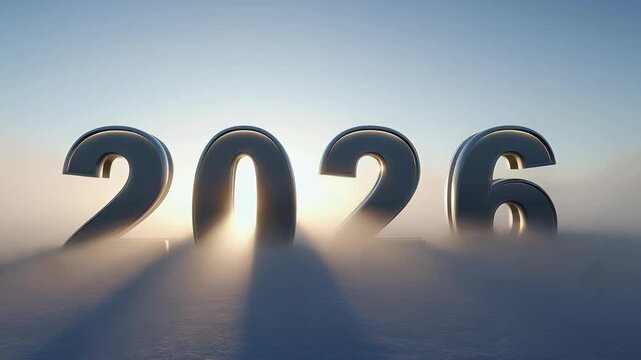 The year 2026 in large, metallic 3D numbers emerges from a sea of clouds at sunrise.