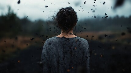 Embracing the Elements: A solitary figure, silhouetted against a moody, overcast landscape, is enveloped by swirling debris, conveying a sense of both vulnerability and resilience. 