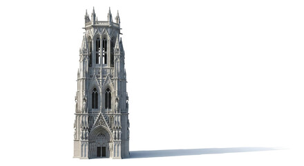 Magnificent gothic tower isolated on white background, featuring elaborate carvings, pointed arches, and towering presence, embodying the grandeur of medieval architecture
