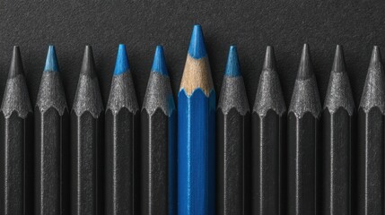 Blue pencil standing out from a row of black pencils on dark background.