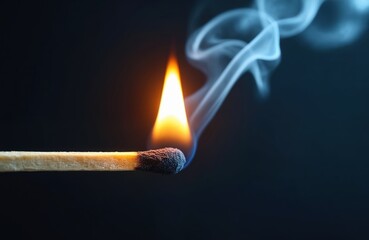 Wooden match lights up in complete darkness, creating bright orange flame. Blue smoke rises gently from match head. Visual new ideas, potential, energy, passion, great risk. Captures powerful