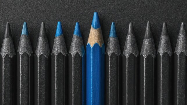 Blue pencil standing out from a row of black pencils on dark background.
