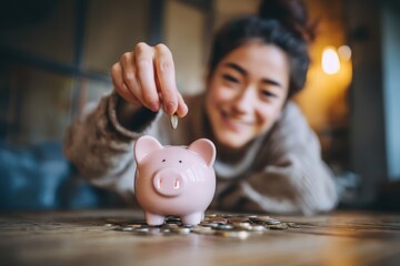 Happy Blurred Woman Drops Coin into Piggy Bank for Savings
