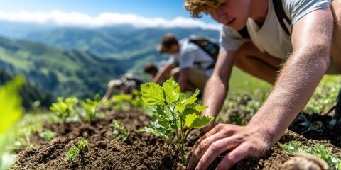 A young person plants a seedling in rich soil, surrounded by a lush mountain landscape, promoting environmental awareness and sustainability.