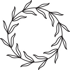 Minimalist botanical leaf wreath line art. Simple hand-drawn floral frame. Elegant nature outline design element.