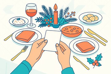Christmas dinner table with candle, wine, festive food and hands holding a card on light background in a creative holiday illustration style. Ai generative