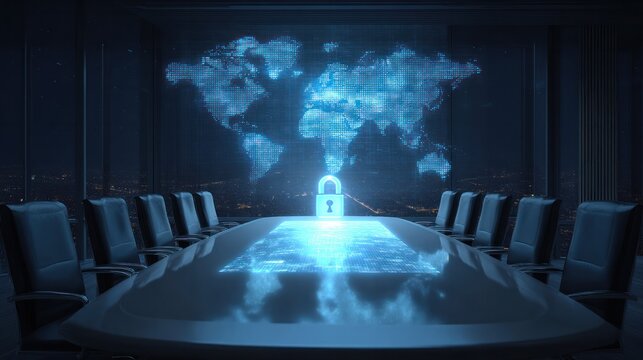 Digital security briefing corporate boardroom 3d visualization high-tech environment nighttime cyber awareness