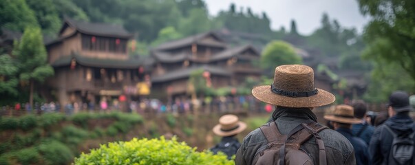 A person in a straw hat gazes at traditional architecture amidst lush greenery and a crowd, capturing a serene cultural moment.