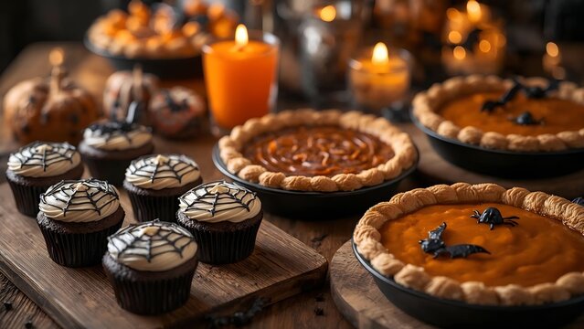 Warm Halloween-themed dessert scene with pumpkin pies, chocolate cupcakes decorated with spider web icing, and glowing candles on a rustic wooden table. Cozy festive atmosphere.