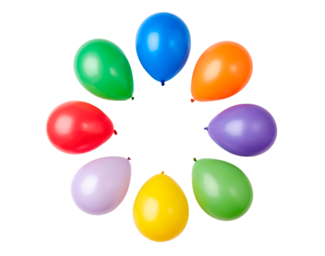 Colorful assorted balloons in a circle on transparent background