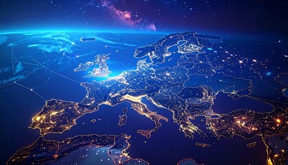 European continent at night, illuminated by city lights, with network lines