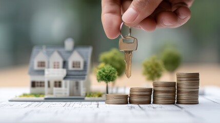 Hand holding keys above stacked coins and miniature house representing real estate investment concept