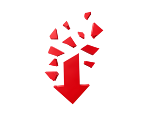 Red arrow with shattered fragments pointing downward on transparent background