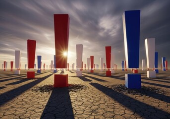 A field of red, white, and blue exclamation points under a dramatic sky