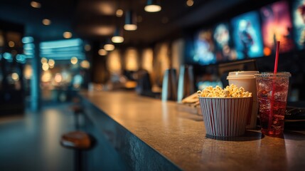 Popcorn and soda on a counter at a movie theater concession stand.