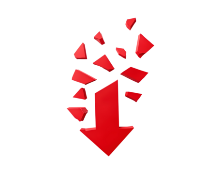 Red arrow with shattered fragments pointing downward on transparent background