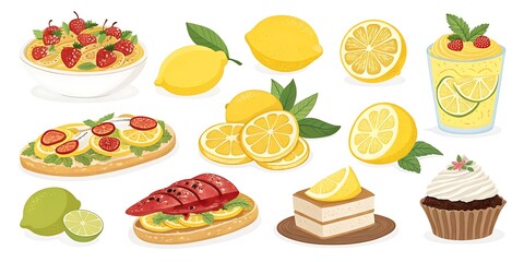 Collection of food items including a cake, cupcake, sandwich