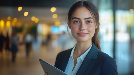 Poised Professional: A confident businesswoman, exuding poise and competence, holds a tablet. set against the backdrop of a modern office environment. A portrait of success and ambition