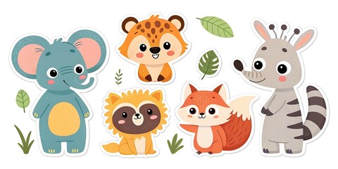 Fototapeta premium Group of cartoon animals including a giraffe, a raccoon, a fox, a bear