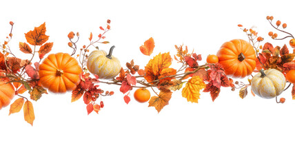 Autumn harvest pumpkins and leaves border isolated on transparent background