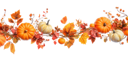 Autumn harvest pumpkins and leaves border isolated on transparent background