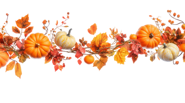 Autumn harvest pumpkins and leaves border isolated on transparent background