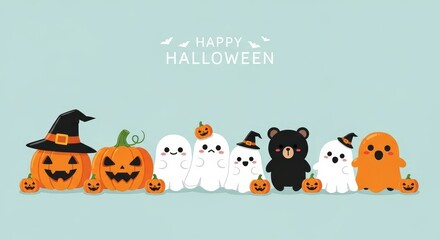 Happy halloween greeting with cute cartoon pumpkins, ghosts, and a black bear against a light blue background