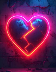 Neon broken heart against a distressed brick wall