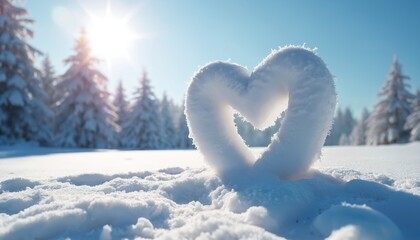 Puffy white snow heart sits in deep fresh winter snow. Bright sun shines over vast frozen forest. Tall evergreen trees covered with white ice in cold mountain nature. Romantic scene love, holiday