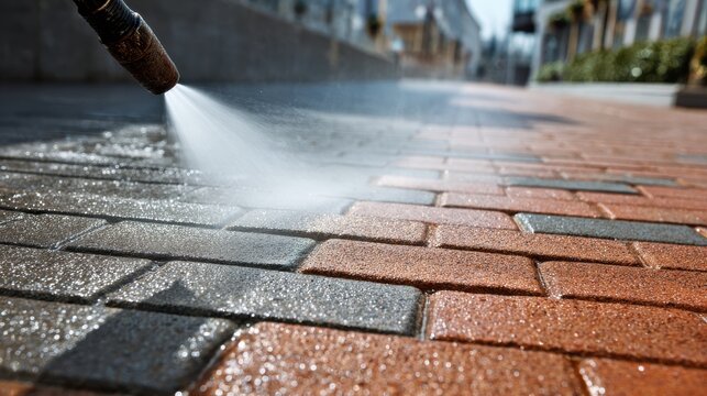 Pressure washing a brick patio to remove dirt and grime effectively.