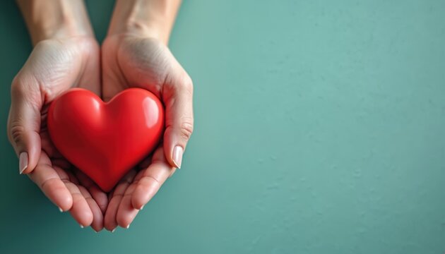 Human hands gently hold bright red heart in palms. Love, health, charity, strong human support. Great concept for World Heart Day, organ donation, medical care awareness. Shows kindness, shared - Powered by Adobe