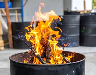 Burning wood in a dark metal barrel