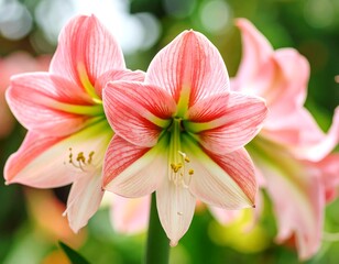 Fototapeta premium Two pinkish-white amaryllis flowers, close-up, with soft, blurred background