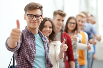 Successful students team leader giving enthusiastic thumbs up gesture