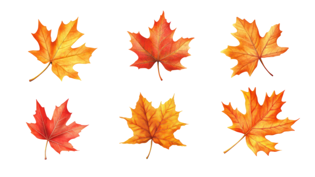 Six autumn maple leaves isolated on transparent background