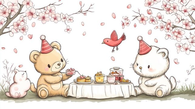 Cute bears and a cat enjoying a picnic under cherry blossoms.  Two teddy bears, one beige and one white,