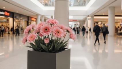 A planter of pink flowers is in a bright, bustling mall hallway with shoppers and shops blurred