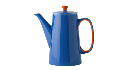 Isolated blue teapot with orange rim and knob, kitchenware object on a simple studio shot