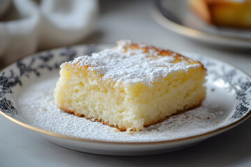 piece of cake on a plate with icing sugar