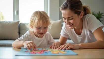 Fototapeta premium Mother and young child play puzzle game together indoors. Woman helps boy with educational activity on table. Happy family bonding, learning, and fun time.