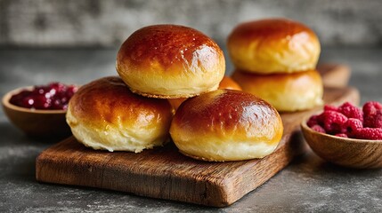Golden baked buns on a wooden board, alongside wooden bowls filled with raspberry jam and fresh raspberries against a mottled gray background.